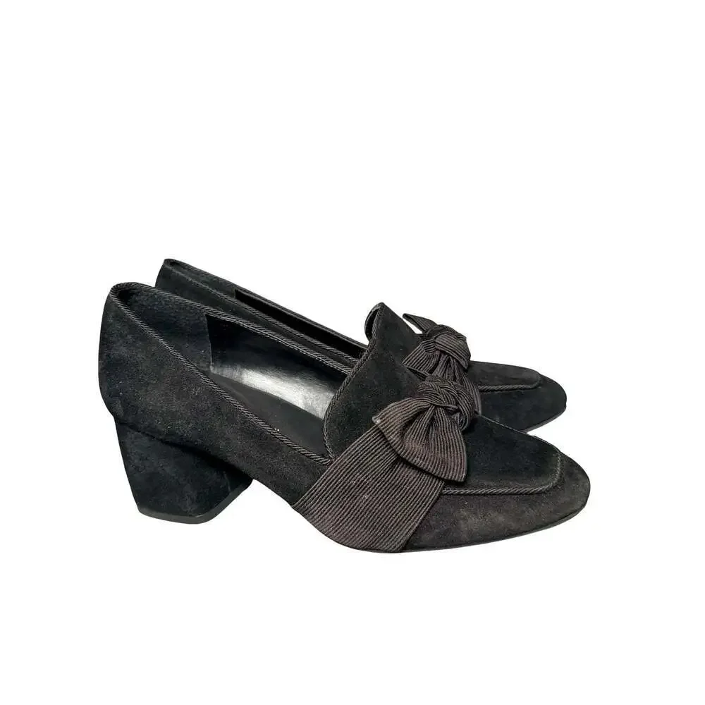 Antonio Melani Black Suede Bow Block Heel Loafers Size 6M